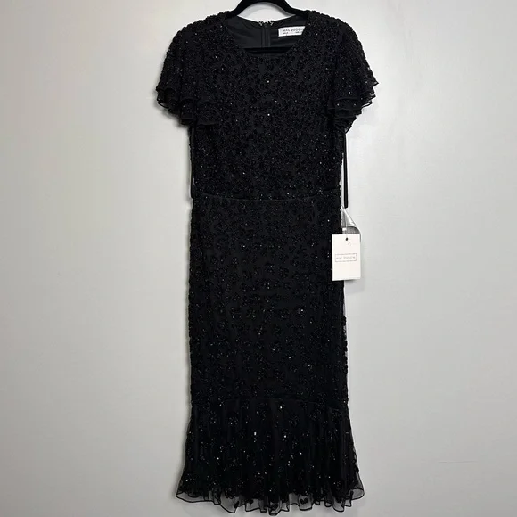 Mac Duggal HAND BEADED FLOUNCE SLEEVE MIDI DRESS Black Size 12 Style 10771 - Picture 5 of 12